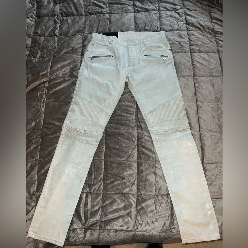 Balmain Reflective White Zipper Slim Jeans
